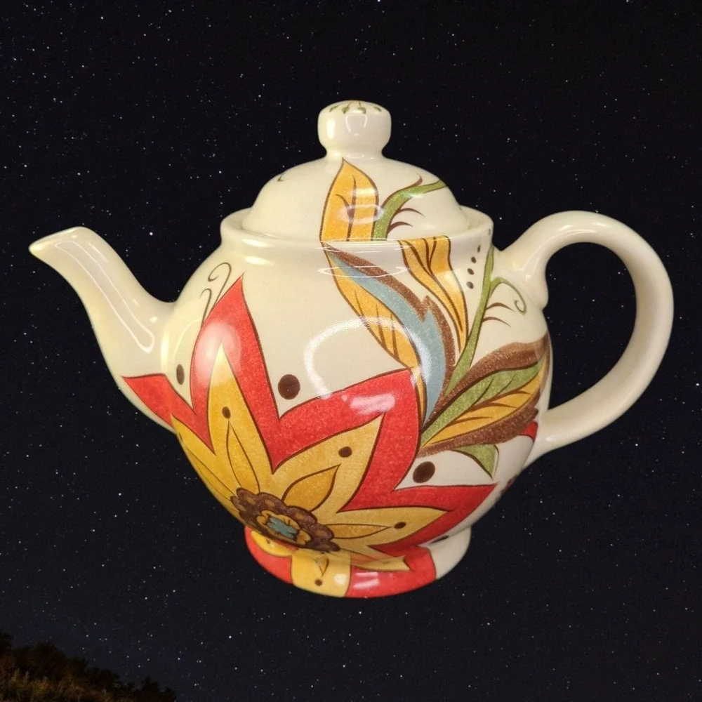Pier 1 One Import Teapot With Lid Carynthum‎ Contemporary Floral Red Gold Green